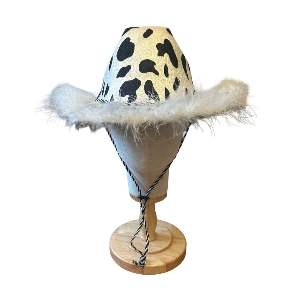 Cow‑Print Cowboy Hat with Feather Trim